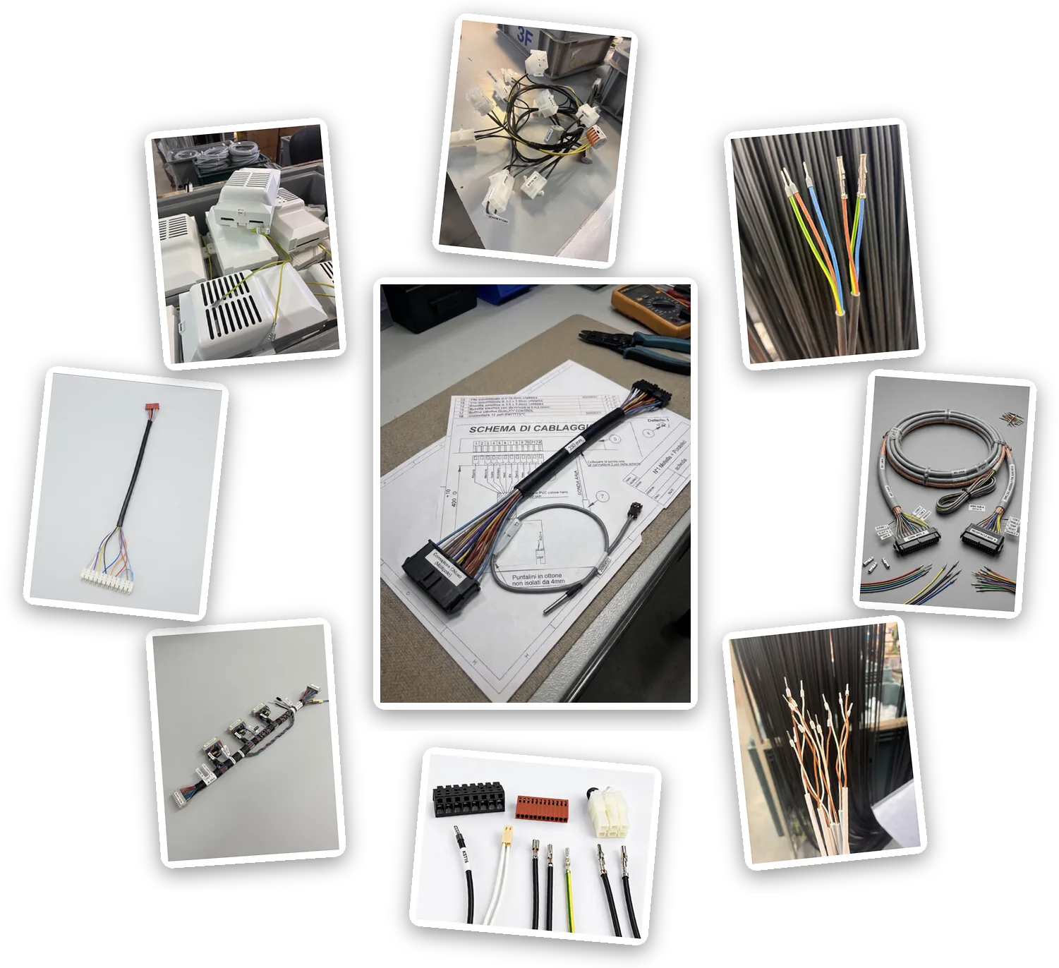 Collage di cablaggi elettrici, connettori e capicorda realizzati da Elettromeccanica 3F